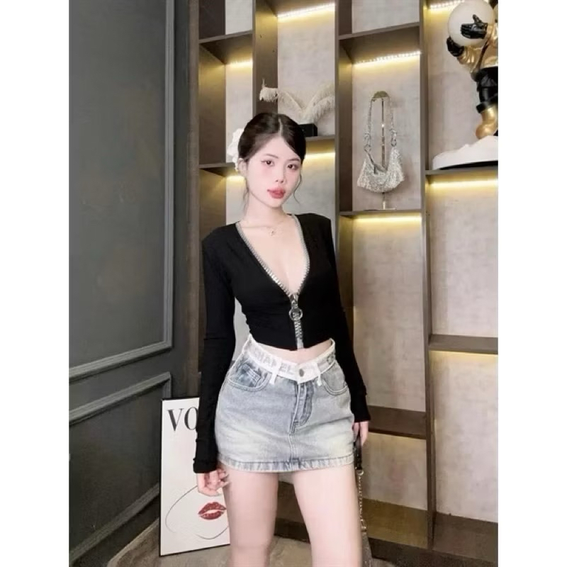ÁO THUN DÂY KÉO TO TAY DÀI , Áo kiểu nữ form croptop ôm body chất borip mềm mịn khoá kéo to hot hit