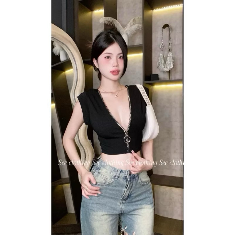 [Hot] ÁO CROPTOP CÁNH DƠI - ÁO TAY NGẮN  PHỐI DÂY KÉO SIÊU TO LÀM ĐIỂM NHẤN DÁNG NGẮN ÔM BODY