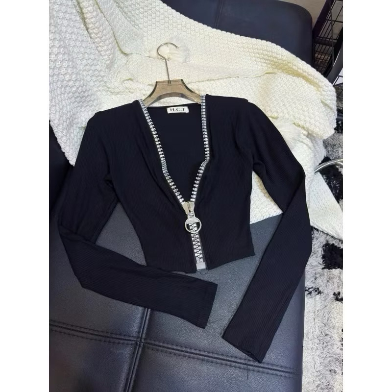 ÁO THUN DÂY KÉO TO TAY DÀI , Áo kiểu nữ form croptop ôm body chất borip mềm mịn khoá kéo to hot hit