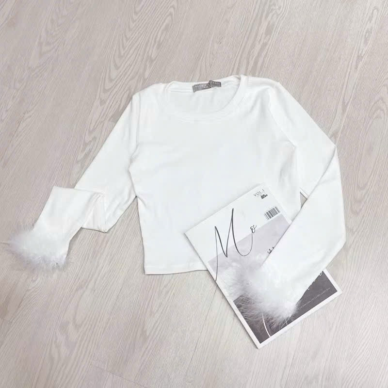 ÁO THUN CỔ TRÒN TAY PHỐI LÔNG - Áo kiểu nữ dáng croptop ngắn ôm fix body trơn basic có tay lông làm điểm nhấn