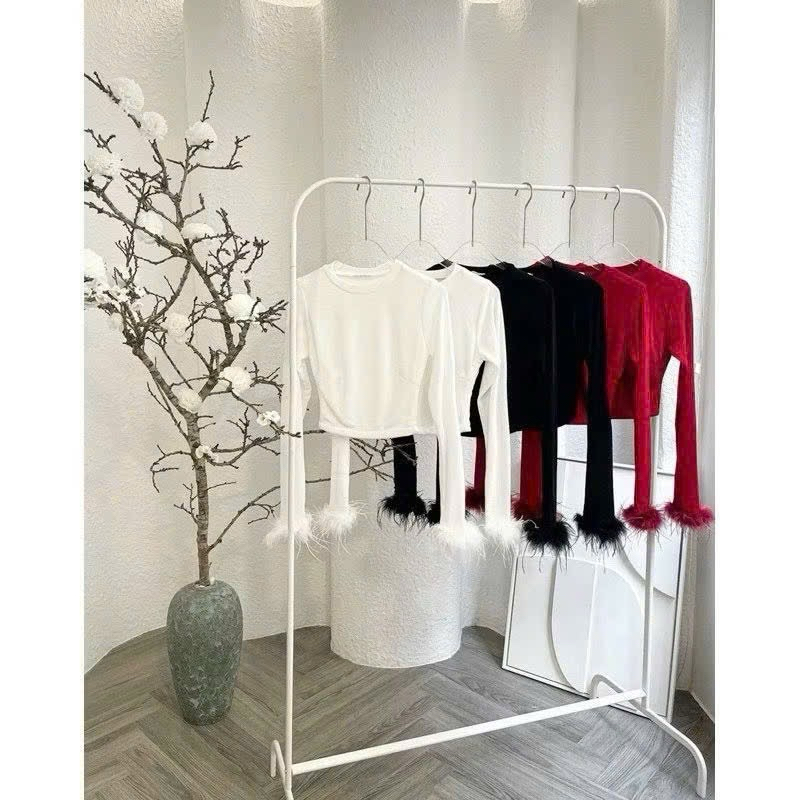 ÁO THUN CỔ TRÒN TAY PHỐI LÔNG - Áo kiểu nữ dáng croptop ngắn ôm fix body trơn basic có tay lông làm điểm nhấn