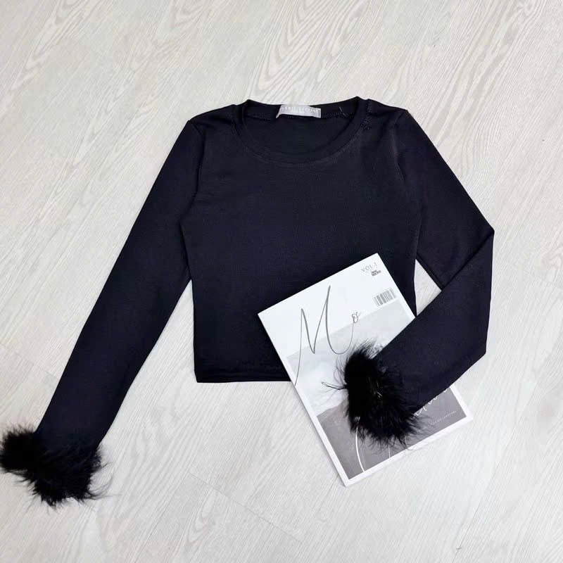 ÁO THUN CỔ TRÒN TAY PHỐI LÔNG - Áo kiểu nữ dáng croptop ngắn ôm fix body trơn basic có tay lông làm điểm nhấn