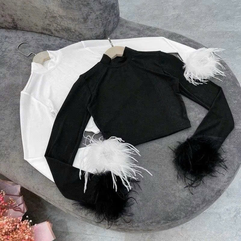 ÁO THUN CỔ TRÒN TAY PHỐI LÔNG - Áo kiểu nữ dáng croptop ngắn ôm fix body trơn basic có tay lông làm điểm nhấn