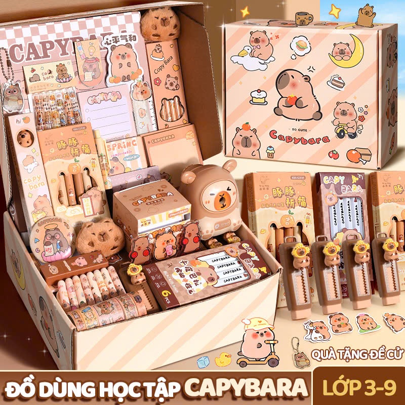 Hộp Quà Tặng Văn Phòng Phẩm Capybara – Set Đồ Dùng Học Tập Bút Thước Dễ Thương Tặng Quà Sinh Nhật, 1/6 Cho Bé
