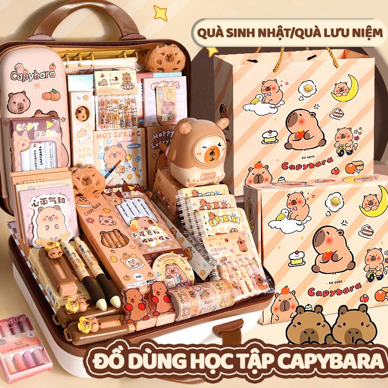 Hộp Quà Tặng Văn Phòng Phẩm Capybara – Set Đồ Dùng Học Tập Bút Thước Dễ Thương Tặng Quà Sinh Nhật, 1/6 Cho Bé