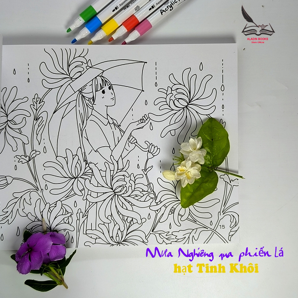 Sách- Tô Màu Mưa Nghiêng Qua Phiến Lá-Lant Tiểu Tranh-Chất Lượng Giấy Cao Cấp-Kèm Quà Tặng