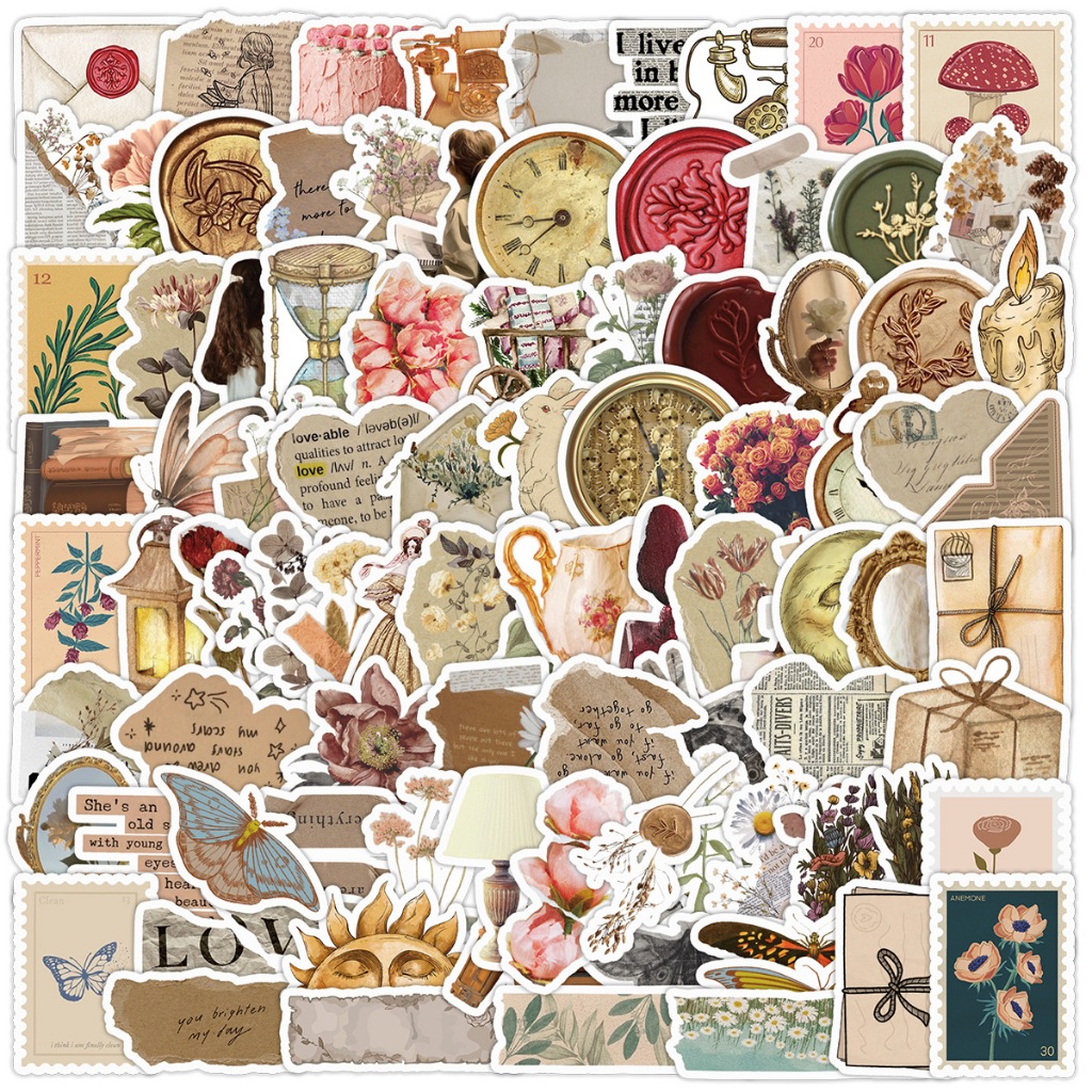 Set 50 cái sticker chống nước MẢNH GHÉP CỔ ĐIỂN TEM HOA DẤU SÁP HOA LÁ ...