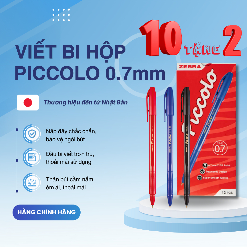 Ảnh Bút bi nắp Piccolo hộp 12 cây xanh/đen/đỏ - Zebra [Chính hãng] 1