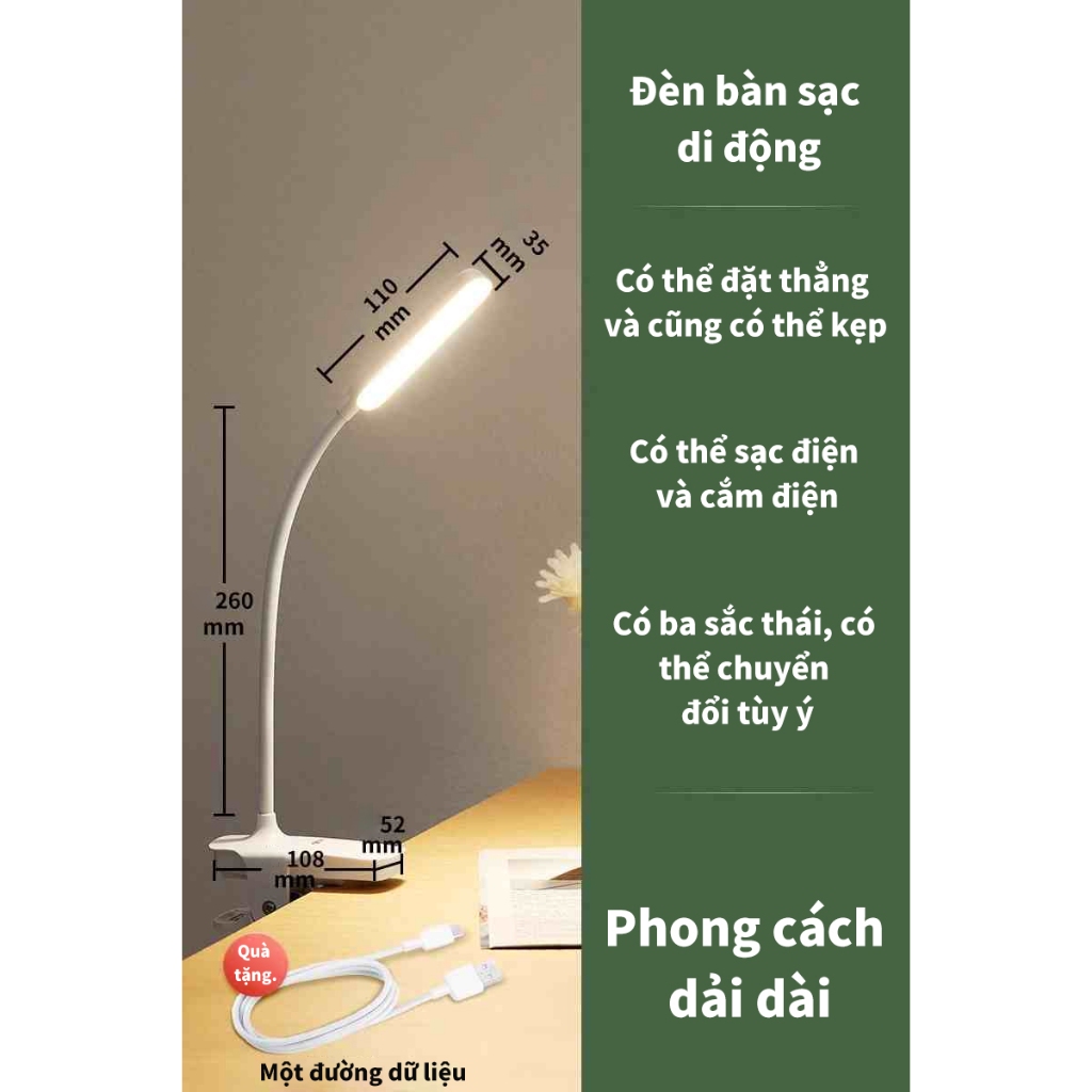 VOVOVA Đèn Học Kẹp Bàn Chống Cận 3 Màu Ánh Sáng Bảo Vệ Mắt Tích Điện đèn bàn học đèn led mini | BigBuy360 - bigbuy360.vn