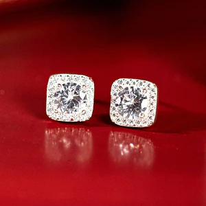 KL0129 Khuyên Tai Nữ Min Moratti Chốt Nụ Cushion Halo 1.5ly Đá Chủ Round Cut 6.5ly by Kylan Silver