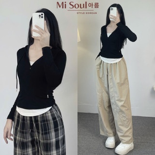 Áo Thun Tăm Dài Tay Nhún Eo Phối 2 Lớp Có Mũ Khóa Kéo Trước BigSize MiSoul, Áo Dài Tay Mix Viền Trắng 363