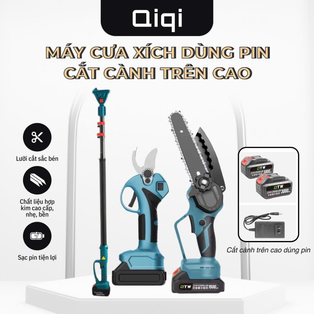 Máy cưa xích pin - Cưa xích pin - Máy cưa pin gắn cán cắt cành cây trên ...