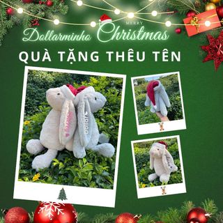 Thỏ Bông Thêu Tên Quà Tặng Giáng Sinh Dài 40cm Đội Mũ Noel Ôm Cây Thông