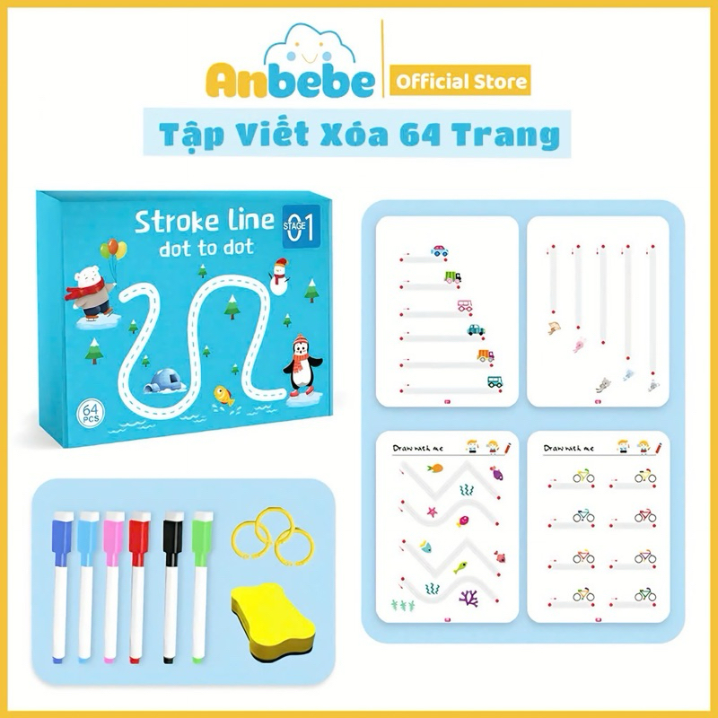 Combo Tập Tô Vẽ Thông Minh ANBEBE Xóa Được 64Trang Tặng 6 Bút,  Đồ Chơi Giáo Dục Cho Bé 2-5 Tuổi