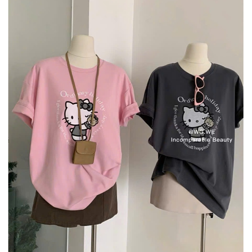 Áo thun Cotton nữ in hình Mèo Kitty JULY FASHION, Áo phông nữ dáng rộng Chất Cotton 4C dày dặn thấm hút mồ hôi tốt