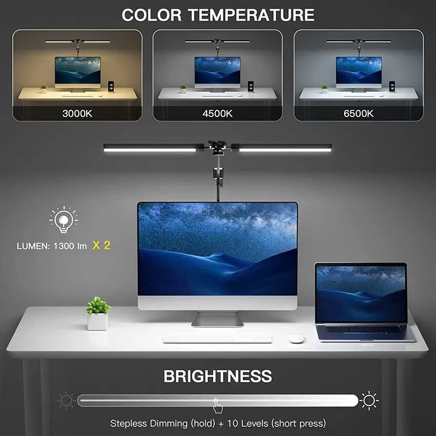 Đèn bàn học, đọc sách bóng Led 3 màu siêu sáng 10 chế độ chống cận - Đèn kẹp bàn Pixar hiện đại, tiết kiệm không gian