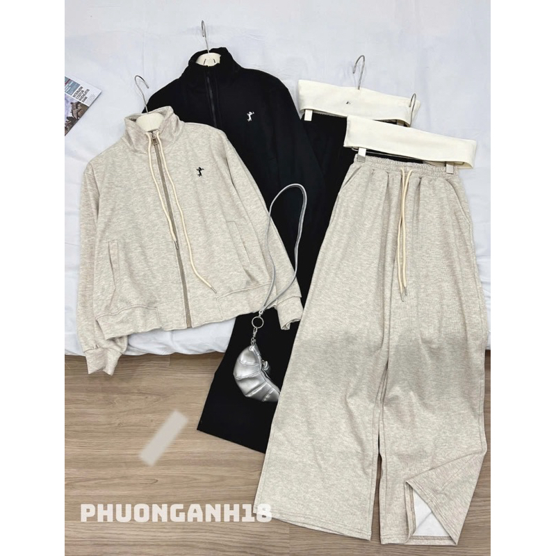 Set áo cổ dựng thêu hình ngựa kèm quần ống suông