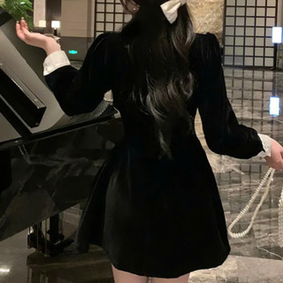 Váy cổ nơ chất tuyết nhung dài tay dáng ngắn, váy nhung màu đen phối nơ cổ phong cách Hàn Quốc