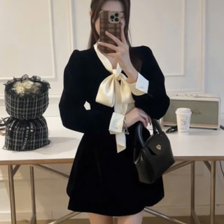 Váy cổ nơ chất tuyết nhung dài tay dáng ngắn, váy nhung màu đen phối nơ cổ phong cách Hàn Quốc