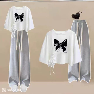 Sét áo croptop RÚT EO NƠ CHỮ kèm quần xuông xám siêu xinh Haiphuc TH6