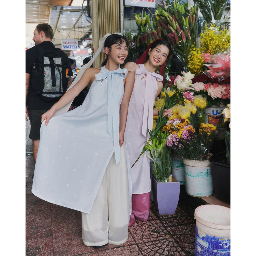 (KHÔNG KÈM QUẦN VÀ NƠ CÀI ĐẦU) Remmus - Áo dài Nhật Sen | Áo dài cách điệu thắt nơ hoa women  (TẶNG BAO LÌ XÌ)