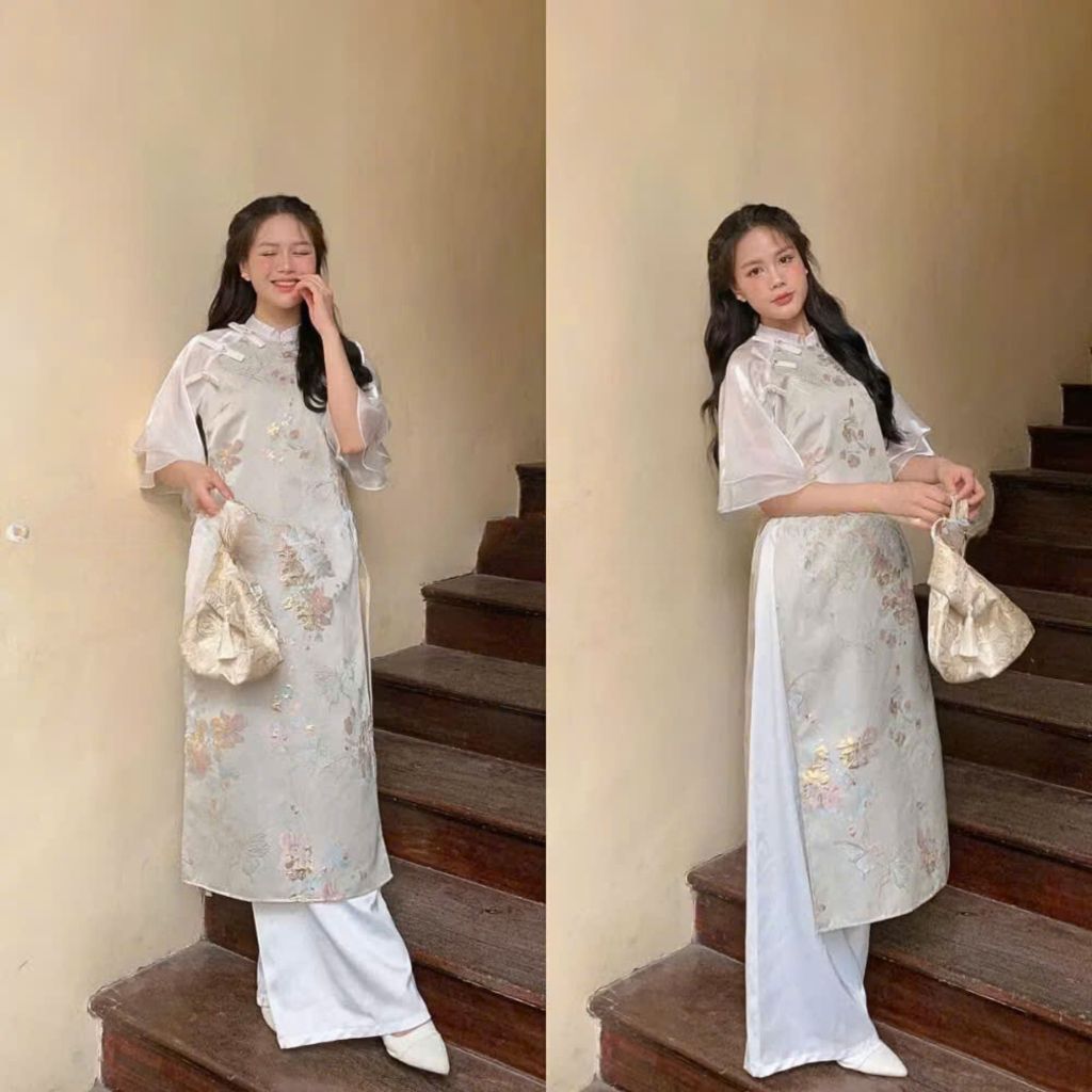 Áo dài Thanh Điệp gấm tafta,áo dài cách tân gấm thêu hoa kèm quần,Áo dài nhiều màu sang chảnh cho các nàng áo dài tết
