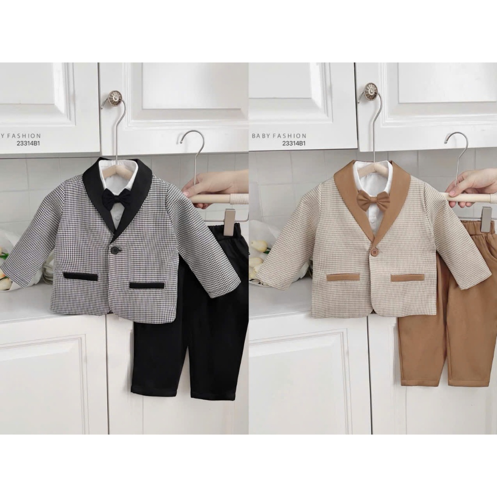 Set vest phối gile và sơ mi công tử bé trai phong cách Hàn Quốc, bộ suit com lê 5 chi tiết hàng đẹp