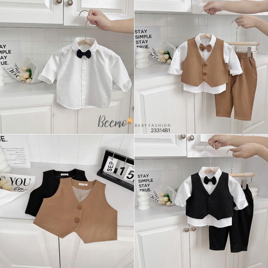 Set vest phối gile và sơ mi công tử bé trai phong cách Hàn Quốc, bộ suit com lê 5 chi tiết hàng đẹp