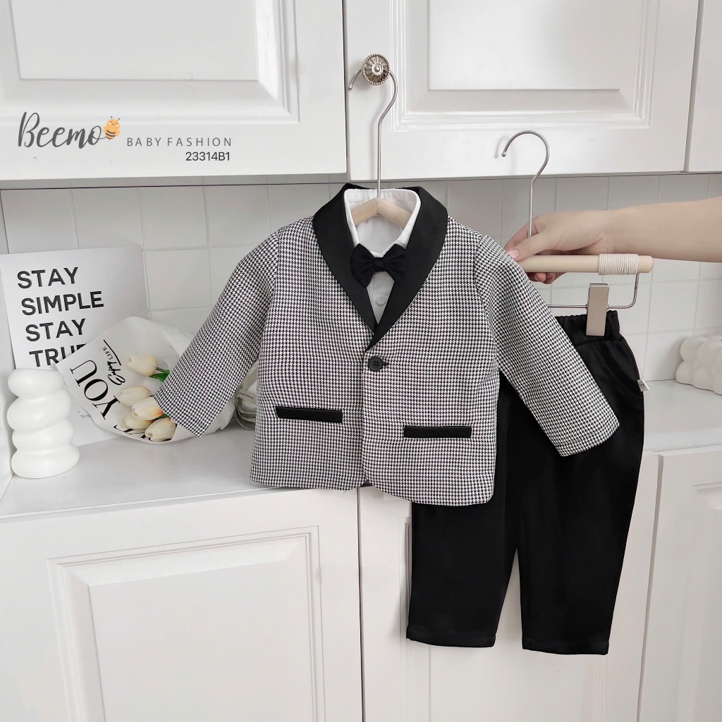 Set vest phối gile và sơ mi công tử bé trai phong cách Hàn Quốc, bộ suit com lê 5 chi tiết hàng đẹp