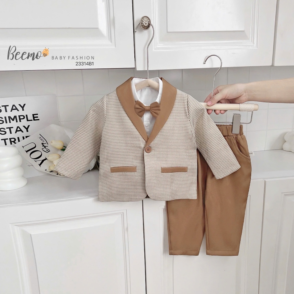 Set vest phối gile và sơ mi công tử bé trai phong cách Hàn Quốc, bộ suit com lê 5 chi tiết hàng đẹp