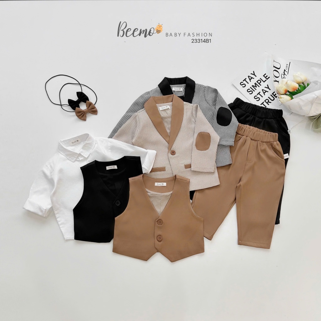 Set vest phối gile và sơ mi công tử bé trai phong cách Hàn Quốc, bộ suit com lê 5 chi tiết hàng đẹp
