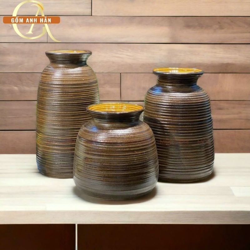 Bình cắm hoa miệng loe men mộc nâu cắm hồng, cúc, ly, lọ hoa, bình gốm Bát Tràng