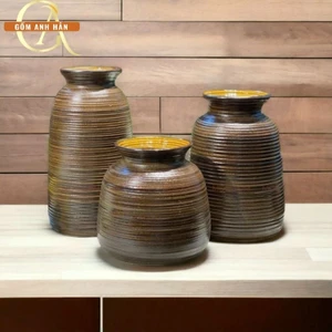 Bình cắm hoa miệng loe men mộc nâu cắm hồng, cúc, ly, lọ hoa, bình gốm Bát Tràng