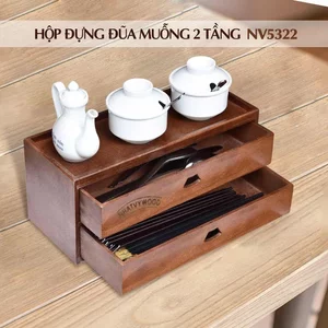 Hộp Gỗ Đựng Đũa Muỗng Thìa Bằng Gỗ Sồi 2 Tầng Cho Nhà Hàng Quán Ăn NHATVYWOOD NV5322