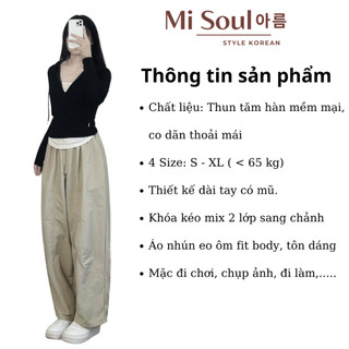 Áo Thun Tăm Dài Tay Nhún Eo Phối 2 Lớp Có Mũ Khóa Kéo Trước BigSize MiSoul, Áo Dài Tay Mix Viền Trắng 363