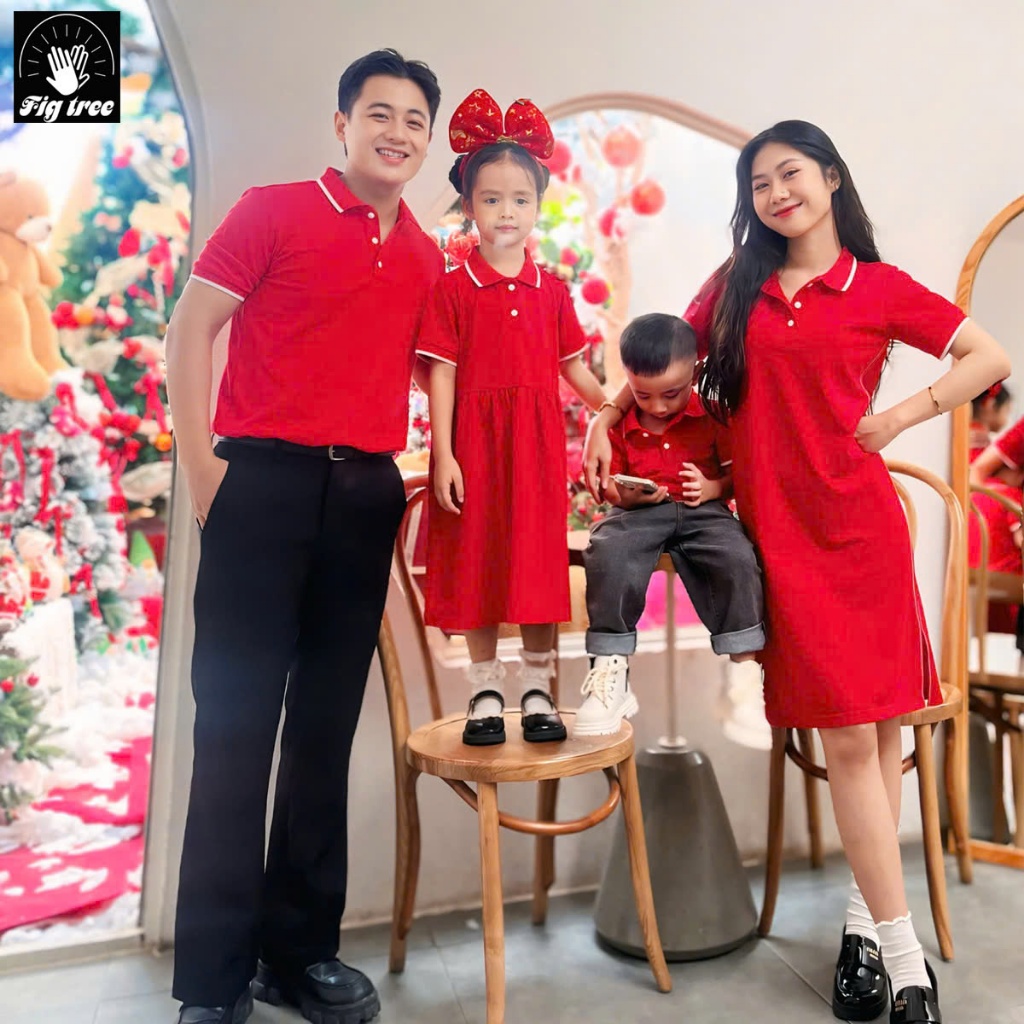 Set Đồng Phục Gia Đình Fig Tree Thun Polo Màu Đỏ New, Vải Cá Sấu Dày Dặn, Hàng thiết kế, Nhiều size
