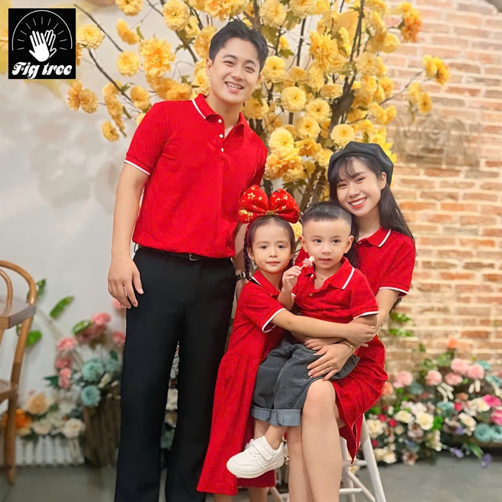 Set Đồng Phục Gia Đình Fig Tree Thun Polo Màu Đỏ New, Vải Cá Sấu Dày Dặn, Hàng thiết kế, Nhiều size