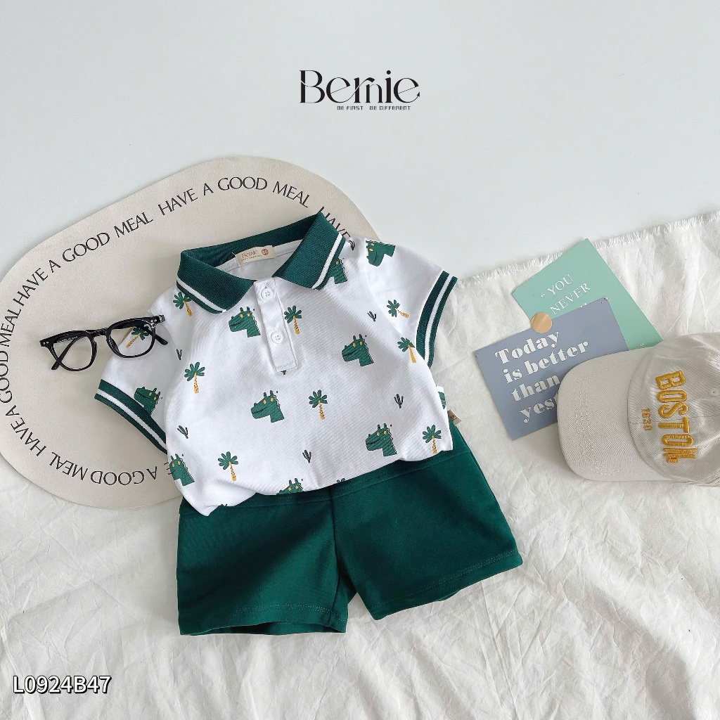 Bộ polo cổ đức in hoạ tiết khủng long bé trai, set bộ cộc tay cổ dệt in tràn hoạ tiết khủng long