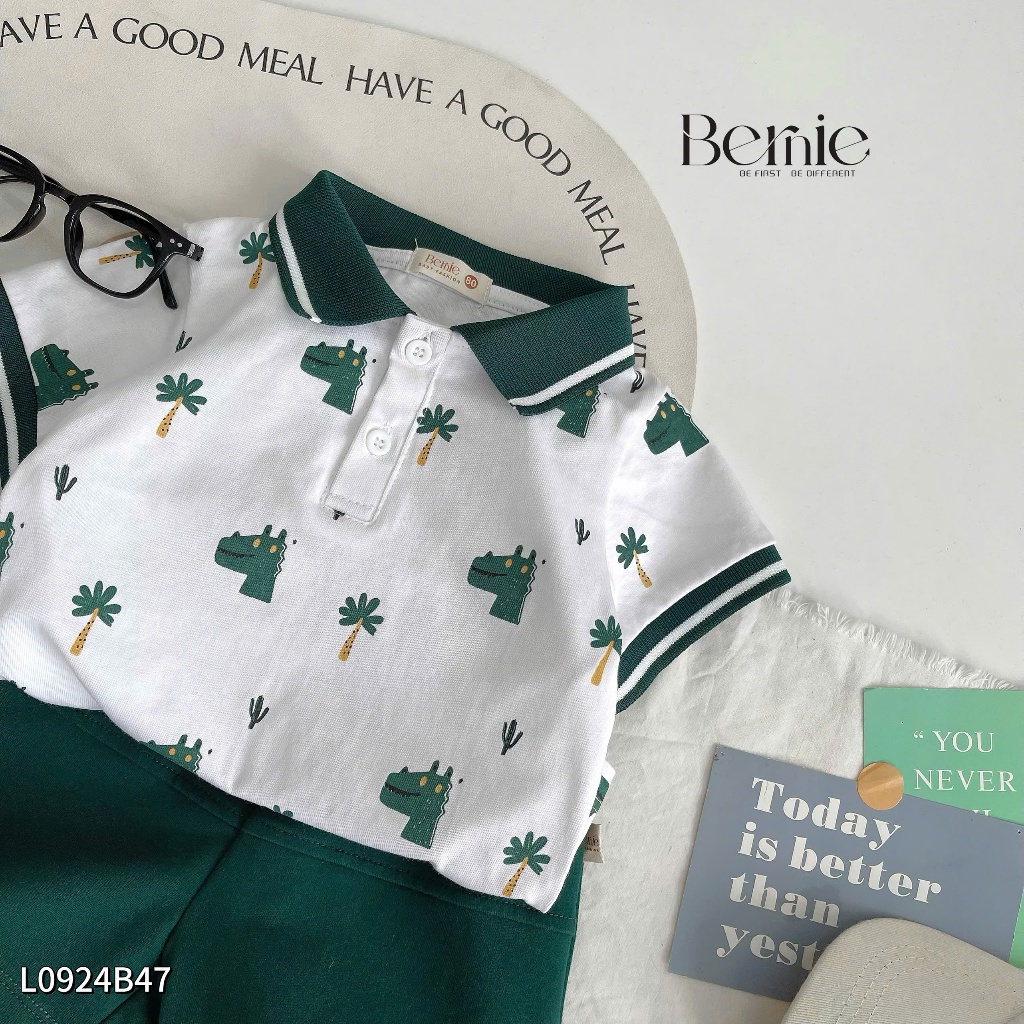 Bộ polo cổ đức in hoạ tiết khủng long bé trai, set bộ cộc tay cổ dệt in tràn hoạ tiết khủng long