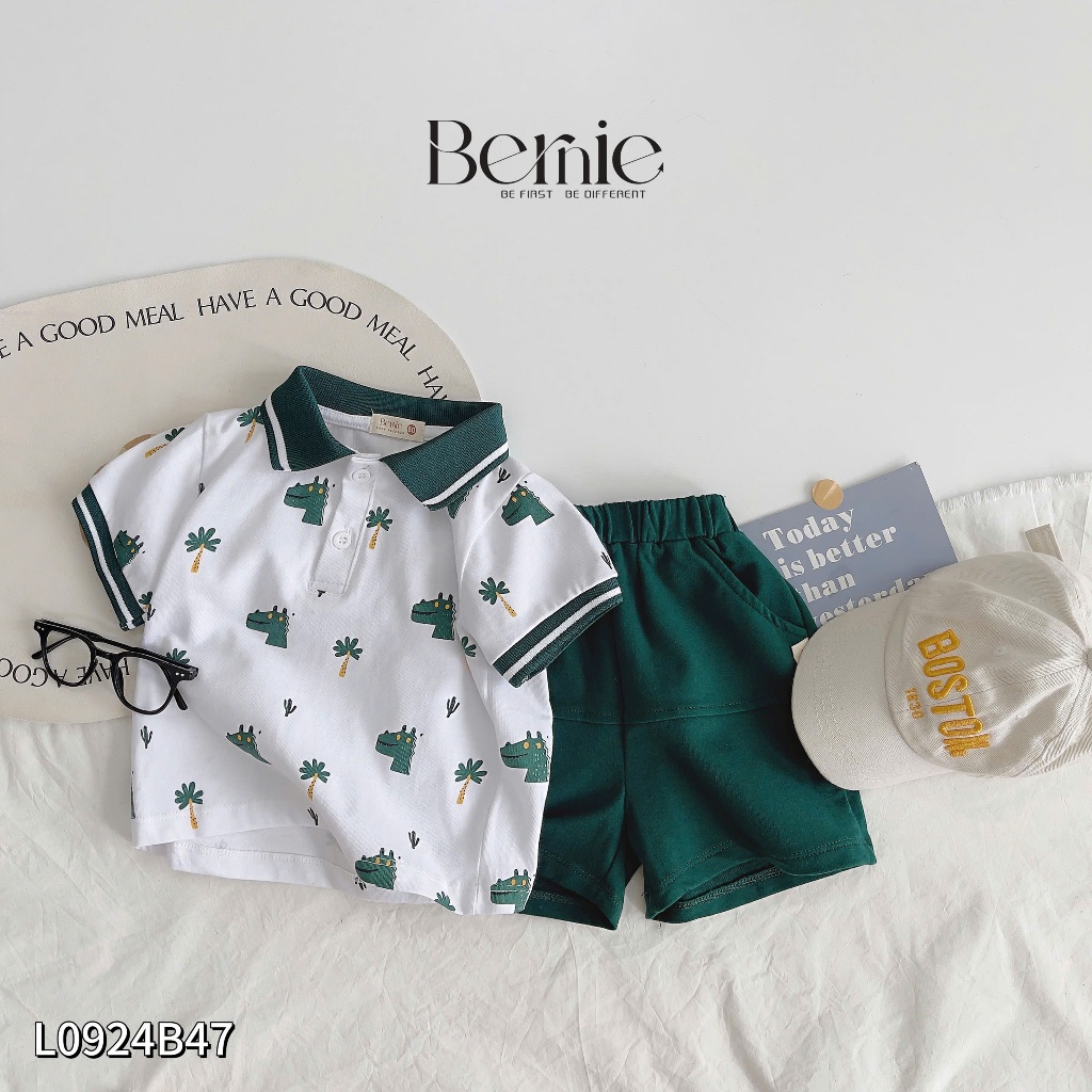 Bộ polo cổ đức in hoạ tiết khủng long bé trai, set bộ cộc tay cổ dệt in tràn hoạ tiết khủng long