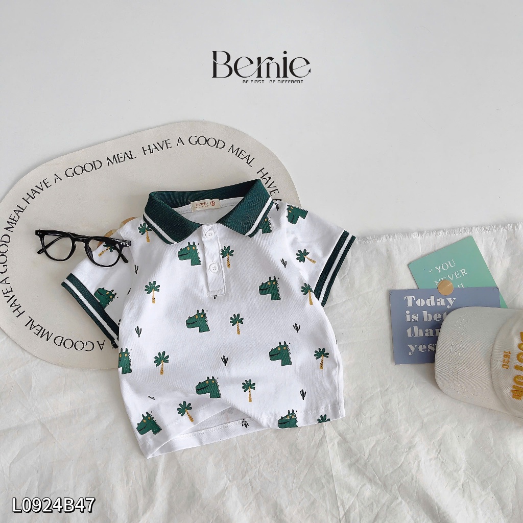 Bộ polo cổ đức in hoạ tiết khủng long bé trai, set bộ cộc tay cổ dệt in tràn hoạ tiết khủng long