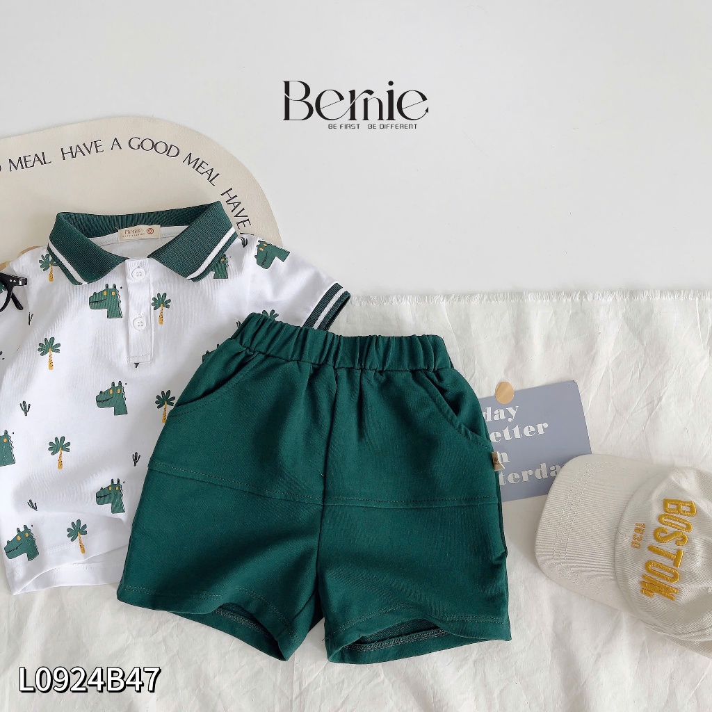 Bộ polo cổ đức in hoạ tiết khủng long bé trai, set bộ cộc tay cổ dệt in tràn hoạ tiết khủng long