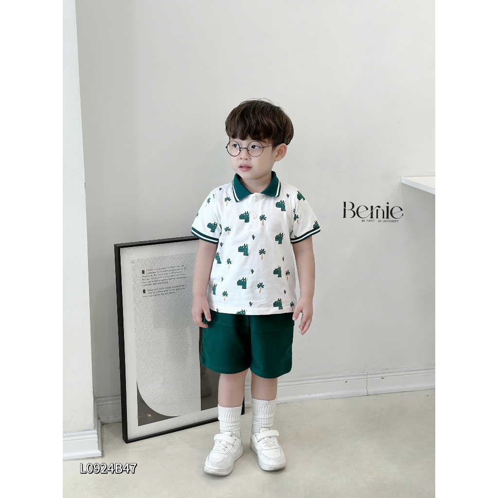 Bộ polo cổ đức in hoạ tiết khủng long bé trai, set bộ cộc tay cổ dệt in tràn hoạ tiết khủng long