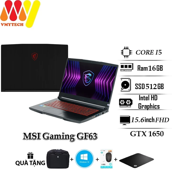 Laptop gaming MSI GF63, Core i5-10200H, Ram 16GB, SSD 512GB,Card GTX 1650,15.6 FHD tần số quét 144Hz