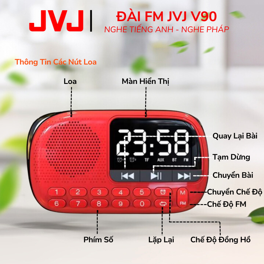 Ảnh Loa Đài JVJ V90 Đài FM, Hỗ Trợ Thẻ Nhớ, Bluetooth, USB, Học Tiếng Anh, Nghe Pháp - Bảo Hành 12 Tháng 2