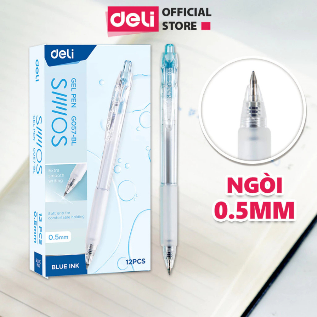 Bút Gel Bút Bi Nước Mực Xanh Ngòi 0.5mm Deli G057, Bút Bi Bấm Mực Gel Trơn Tru Viết Sổ Caligraphy