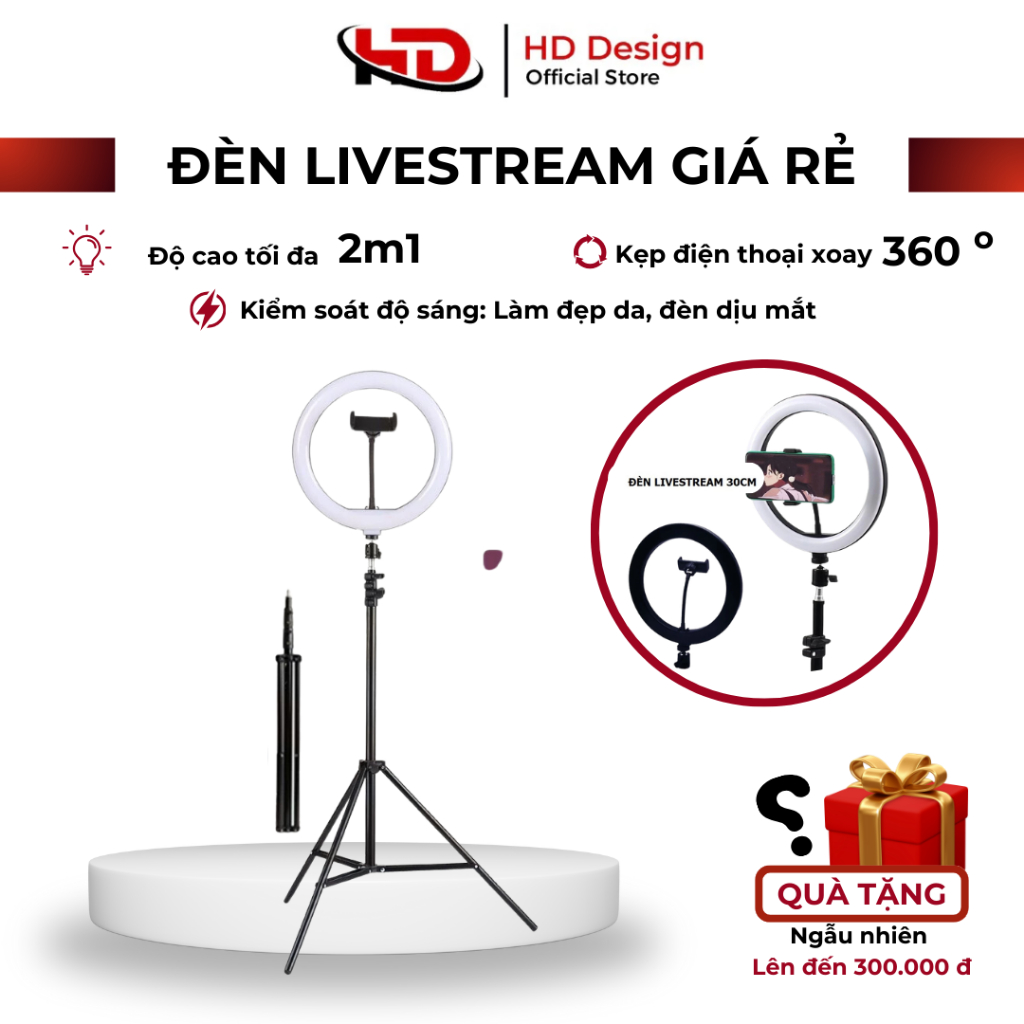 Đèn livestream giá rẻ 30cm và chân 2m1 hỗ trợ chụp ảnh, bán hàng, make up thay đổi chế độ sáng- Chính Hãng HD DESIGN