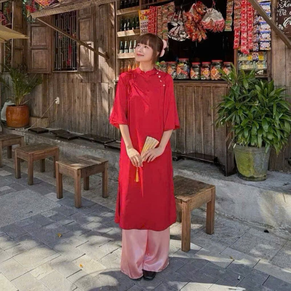 Áo dài Vân Du lụa trơn kèm quần lụa, áo dài cúc bọc cổ buộc nơ vải trơn kèm quần