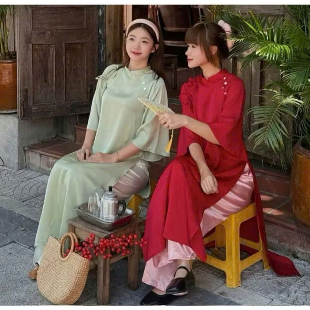 Áo dài Vân Du lụa trơn kèm quần lụa, áo dài cúc bọc cổ buộc nơ vải trơn kèm quần