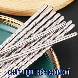 Đũa Inox 304 Chống Trượt - Vỉ 5 Đôi Đũa Xoắn Chống Bỏng, Không Ẩm Mốc, Dễ Vệ Sinh